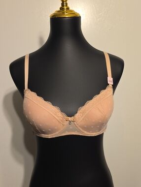 Sheer Lace Trim Light Peach Bra with Bow Accent